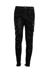 Black Heavy Metal Patchwork Hand Painted Pockets Mens Pants